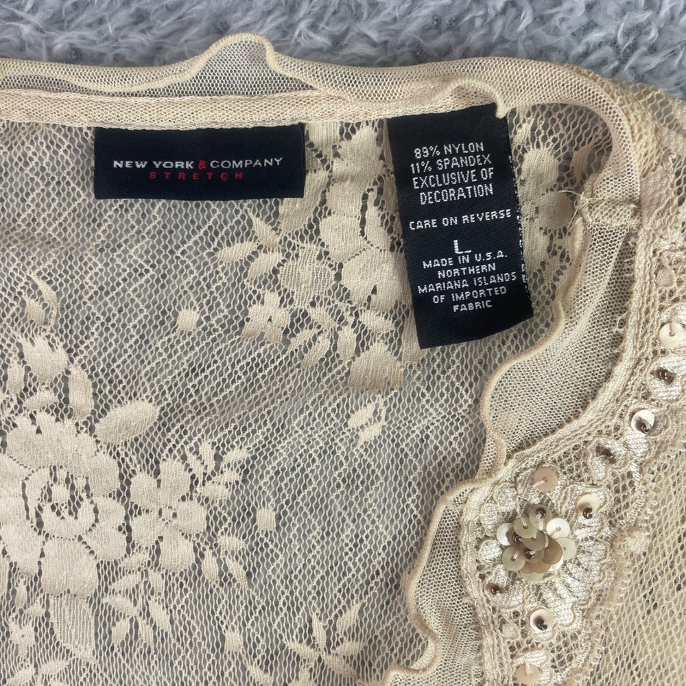New York & Co Vintage Babydoll Lace Cardigan Womens L Beige Coquette Sheer Y2K - Picture 3 of 5